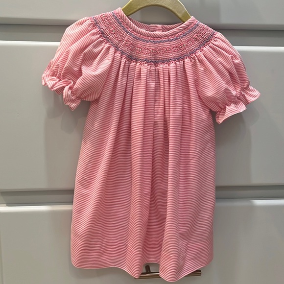 Smocked Giraffe pink and white striped dress with tiny rosebud detail smocking - Picture 1 of 5